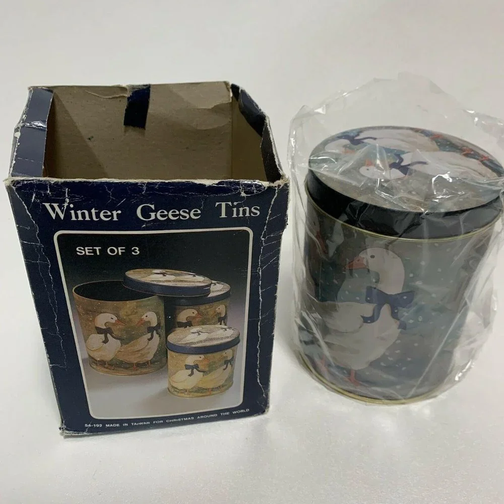 Vintage Nesting Metal Tin Canisters Winter‎ Geese Ducks Set of 3